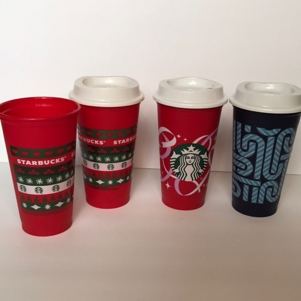 4 pack Starbucks Holiday 16 fl oz cups with 3 lids